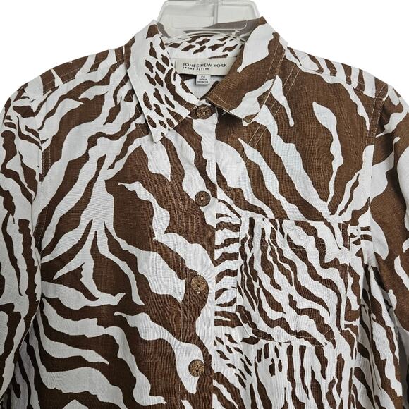 Jones New York Womens Brown White Zebra Print Linen Button Down Shirt Size PS - Picture 2 of 11